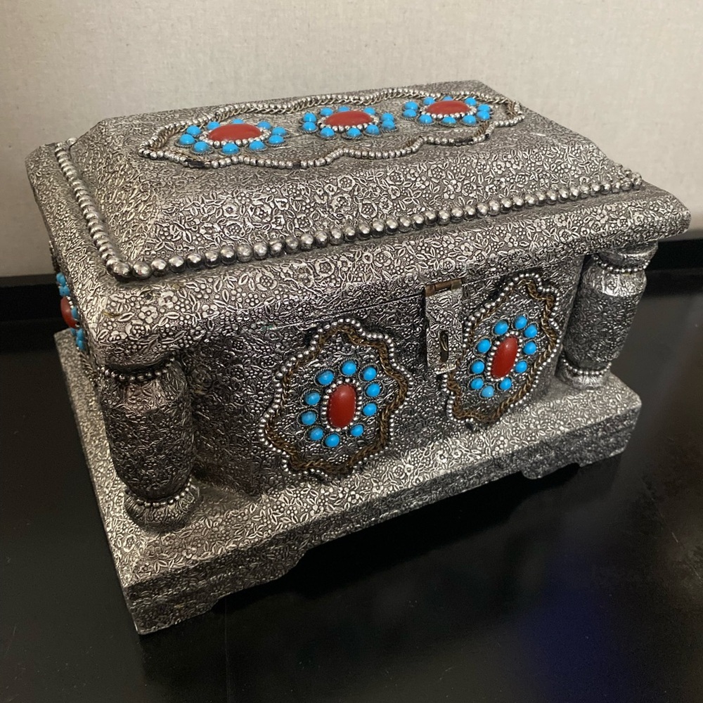 Filigree Silver-Tone Jeweled Trinket Box with Turquoise and Coral Accents